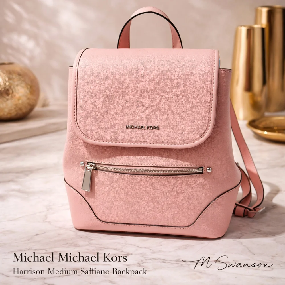 NEW Michael Michael Kors Harrison Medium Saffiano Leather Backpack Powder Pink N